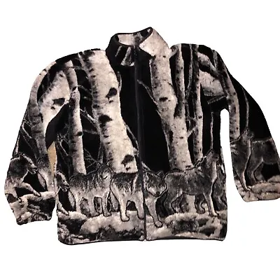 Vintage 90s Wolf Scene AOP Fleece Jacket Full Zip Mens Medium Black Grey Pockets • $59.50