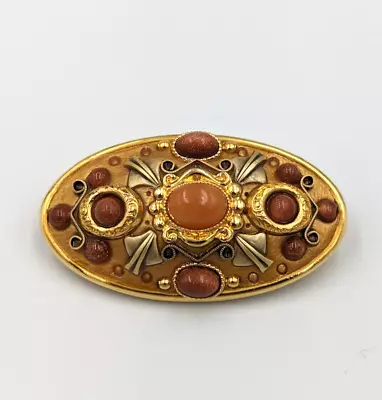 Michal Golan Vintage Gold Stone Art Glass Cabochon Brooch Pendant Pin Gold Tone • $31