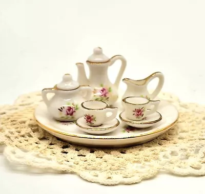 Vintage Victorian Miniature Porcelain Tea Set Rose Pattern Gold Trim  • $18