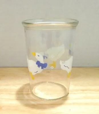 BAMA Jelly Jar White Ducks Geese Blue Bows Juice Glasses Vintage 4  Tall • $4.99