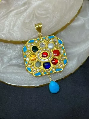 Turquoise Gemstone Navratna Pendant Mughal Style Antique Style Gold Jewelry • $728
