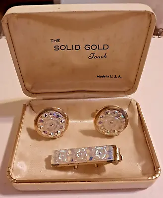 Vintage Imitation Opal Molded Glass Cufflink & Tie Clip Set In Original Box QD • $27