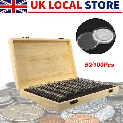 50/100Pcs Coins Display Storage Box Case Capsules Wooden For Collectible Coin UK • £16.78