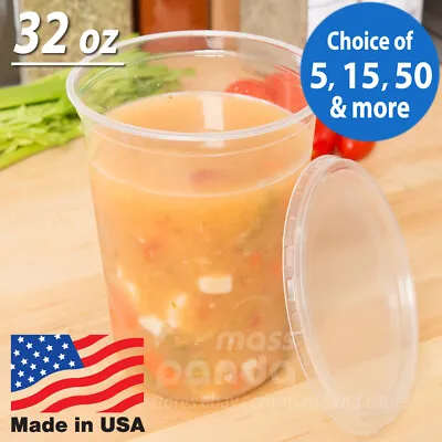 $9.50 • Buy 32 Oz Round Deli Food/Soup Storage Containers W/ Lids Microwavable Clear Plastic