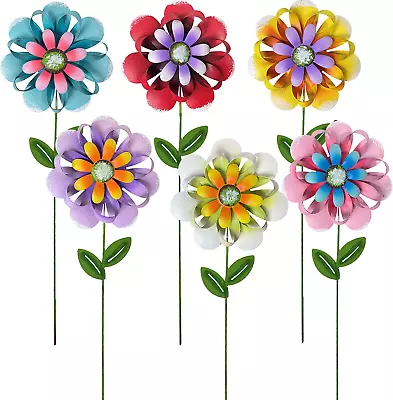 Spring Metal Flower Garden Stakes 6 PCS Set Lg.Colorful Landscape Outdoor Decor • $24.45