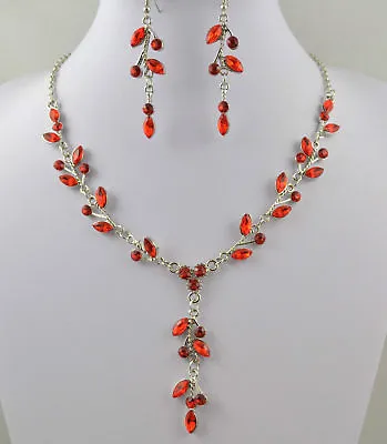 £4.99 • Buy Silver Tone Red Crystal Drop Necklace & Earrings Set