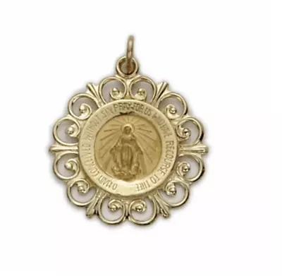 14k Gold Round Filigree Miraculous Polished Border Finish Medal Necklace • $349.99