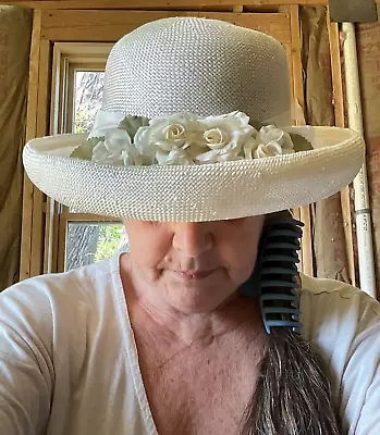 White Street Smart Straw Hat 15  Wide 4  Tall Bow & Flowers Size 23  Wedding • $40