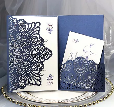 50/100x NEW Pocketfold Lace Laser Cut Wedding Invitations Cards Cover Many Color • £55.07