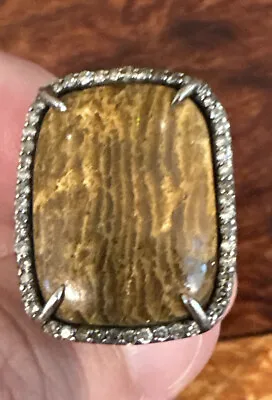 Designer SHERYL LOWE  Rare Stone Silver .925 Band W/ Pave Diamond Border Size 7 • $556.42