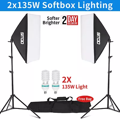 2X 135W Softbox Photo Continuous Lighting Soft Box Light Stand Studio Kit Video • £35.99