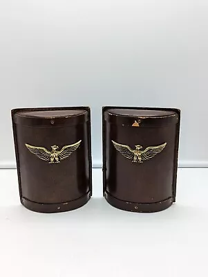 Vtg Pair Heirloom By Bosca Italy Brown Leather Brass American Eagle Bookends • $55