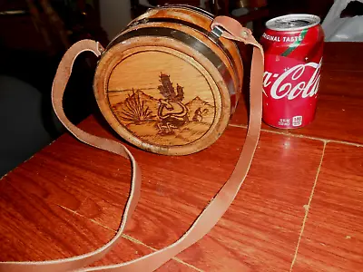 Vintage Oak Wood Barrel Keg Water CANTEEN With Leather Strap Mexico • $49.99