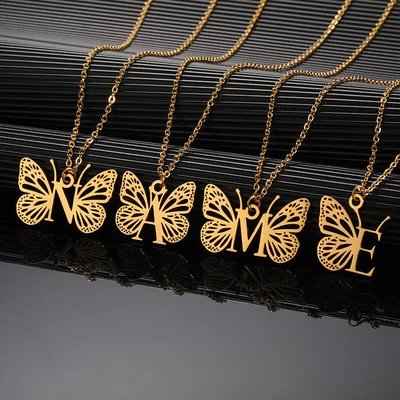 £2.81 • Buy A-Z Alphabet Letter Pendant Necklaces Stainless Steel Women Butterfly Jewelry