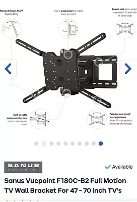 SANUS VuePoint Full Motion TV Wall Bracket For 47-70 Inch TV - F180C-B2 • £65