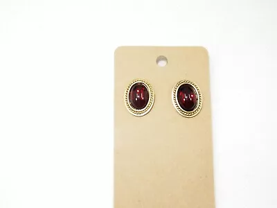 Yves Saint Laurent France Signed YSL Ruby Red Glass Cabochon Gold Tone Earrings • £94.97