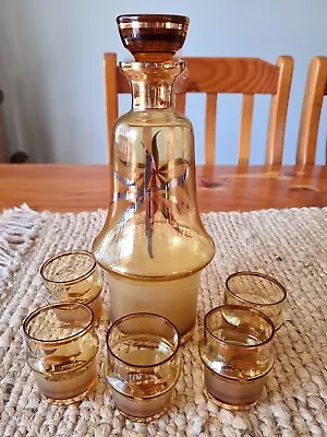 Vintage  Glass Liqueur Decanter Set Amber/ Gold /Frosted Art Deco • $9