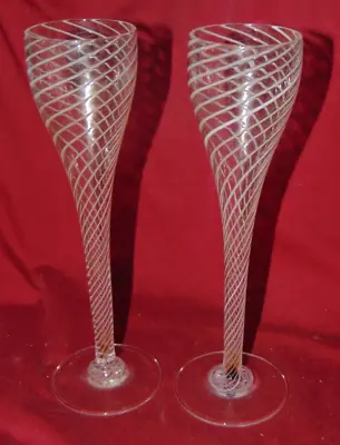 RARE Steven Maslach Studio Art Glass White Latticino Swirl Toasting Flutes • $99.95