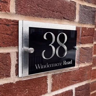 House Number Plaques Personalised Black Acrylic Metal Modern House Door Signs • £6.99