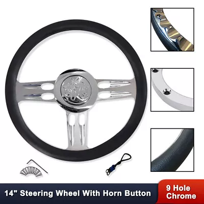 14  Chrome Billet 9 Holes Aluminum Steering Wheel Black & Flamed Horn Button • $154.68