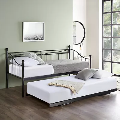 Trundle Bed Pull Out Day Bed Sofa Bed White Or Black Metal Bed With Mattresses • £225.14