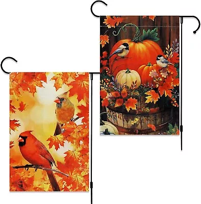 2 Pk Fall Flags - Thanksgiving Pumpkin & Cardinals Bird 12x18 In. Burlap Banners • $14.95