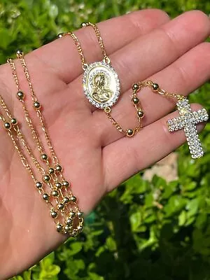 Rosary Beads Iced Cross Necklace Gold Plated & Real 925 Silver Simulated Diamond • $96.73