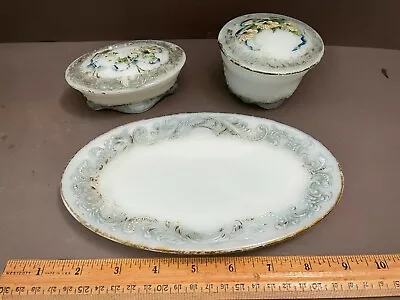 3pc Antique Hand Painted Flower Blue Milk Glass Vanity Set Tray Covered Dish Box • $31.99