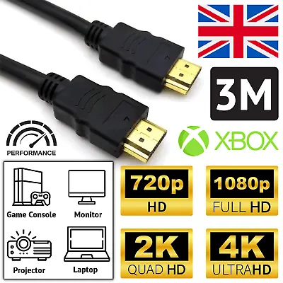 HDMI Cable 3m Long High Speed HD 4K 3D ARC For PS3 PS4 XBOX ONE SKY TV • £4.49