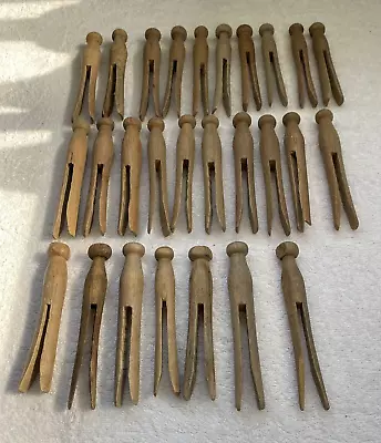 VTG Wooden Clothes Pins~Lot Of 27~Round Head Flat Top~3.75” 4  • $9