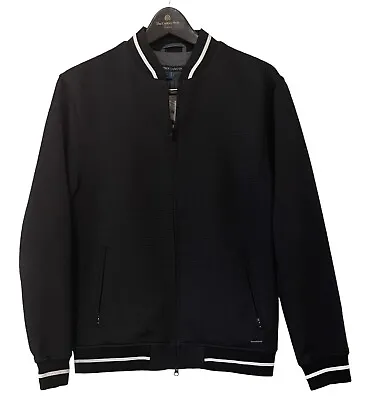 NWT Vince Camuto Varsity Jacket Black Textured White Stripe Full Zip Pockets L • $35