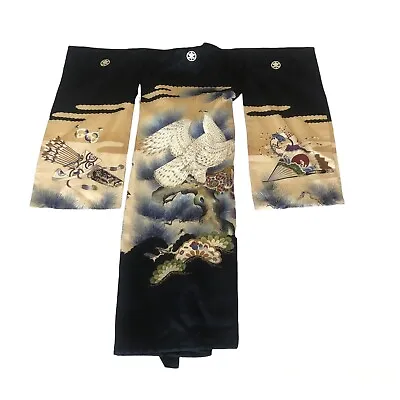 Japanese Vintage Child’s Kimono Robe Eagle Fans Samurai • $99.95