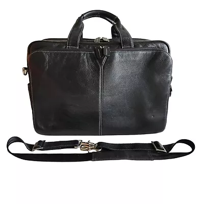 Johnston & Murphy Black Double Zip Leather Briefcase Laptop Messenger Bag   • $79.99