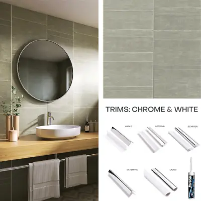 £4.12 • Buy Tile Effect Grey Wall Panel Bathroom Kitchen Cladding & White / Chrome Trims