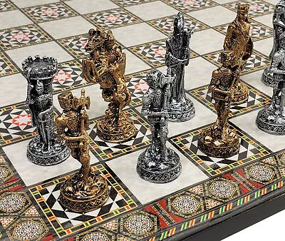 Medieval Times Crusades Pewter METAL Chess Set 17  Mosaic Color Board • $265