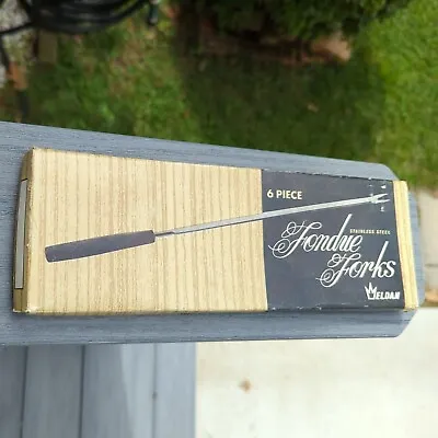 Set Of 6 Vintage Fondue Forks- Stainless Steel Wood Handle Colored Tips. Japan. • $10.90
