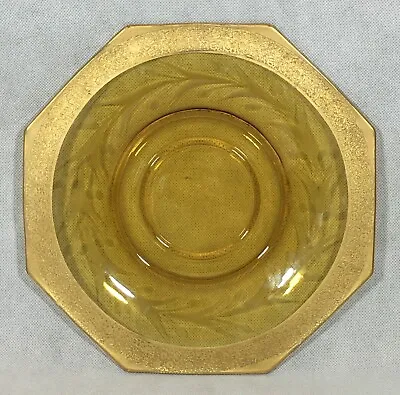 Vintage Etched Amber Glass Gold Border Octagon Plate • $9.95