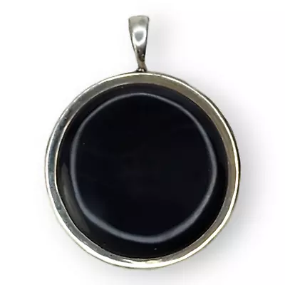 Vintage Large Black Onyx Modern Circle Design Sterling Silver 925 Pendant • $154.95