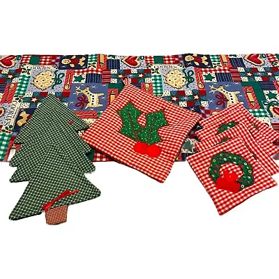 Lot 10 Vintage Handmade Christmas Linens - Table Runner Hotpad Coasters Gingham • $19.99