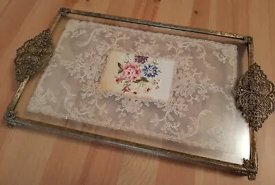 £47.50 • Buy Vintage Ornate Dressing Table Tray Petit Point Embroidery & Lace Under Glass