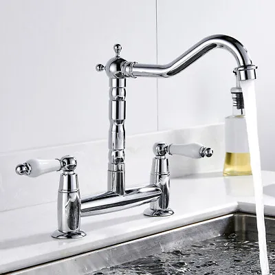 Dual Lever Kitchen Sink Taps 2 Hole Deck Mounted Kitchen Mixer Tap Chrome ✧ • £49.85