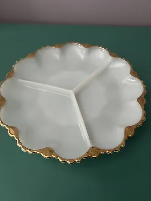 Vintage White Milk Glass Gold Trim Serving Dish Platter Sectioned • $15