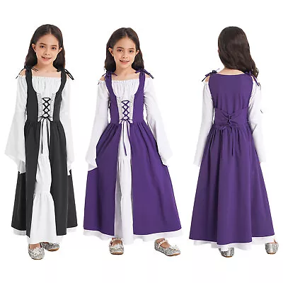 Kids Girls Medieval Renaissance Dress Up Lace-up Gown Dress Halloween Costume • $39.59