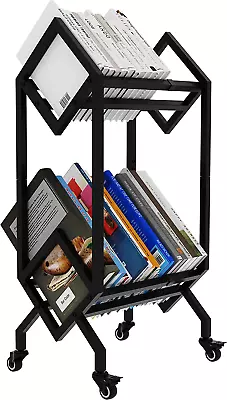 Bookshelf Book Cart Rack Industrial Metal Bookcase 2 Tier Holder With Wheels Mod • $120.67