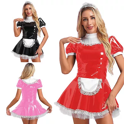 US Womens French Maid Apron Shiny Leather Dress Halloween Cosplay Costume Outfit • $17.85