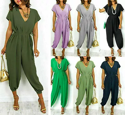 £16.95 • Buy Women's V-Neck Tie Belted Waist Harem Wide Leg Jumpsuit Summer Beach Playsuit