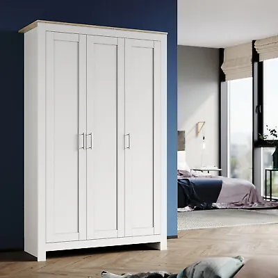 Matte 3 Door Triple Wardrobe White Storage Rail Wood Cupboard Bedroom Furniture • £214.98