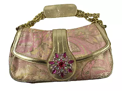 VTG Lulu Pink Gold Tapestry Beaded Evening Bag Purse Clutch Gold Chain Pocket • $24.97