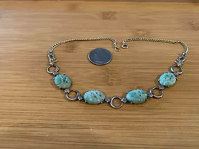 $30 • Buy Vintage Antique Gold Filled Sterling Silver Carved Jade Link Necklace Art Deco