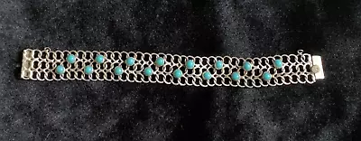 Vintage 7  Mexico 925 Silver W/Turquoise Mesh Style Bracelet • $15